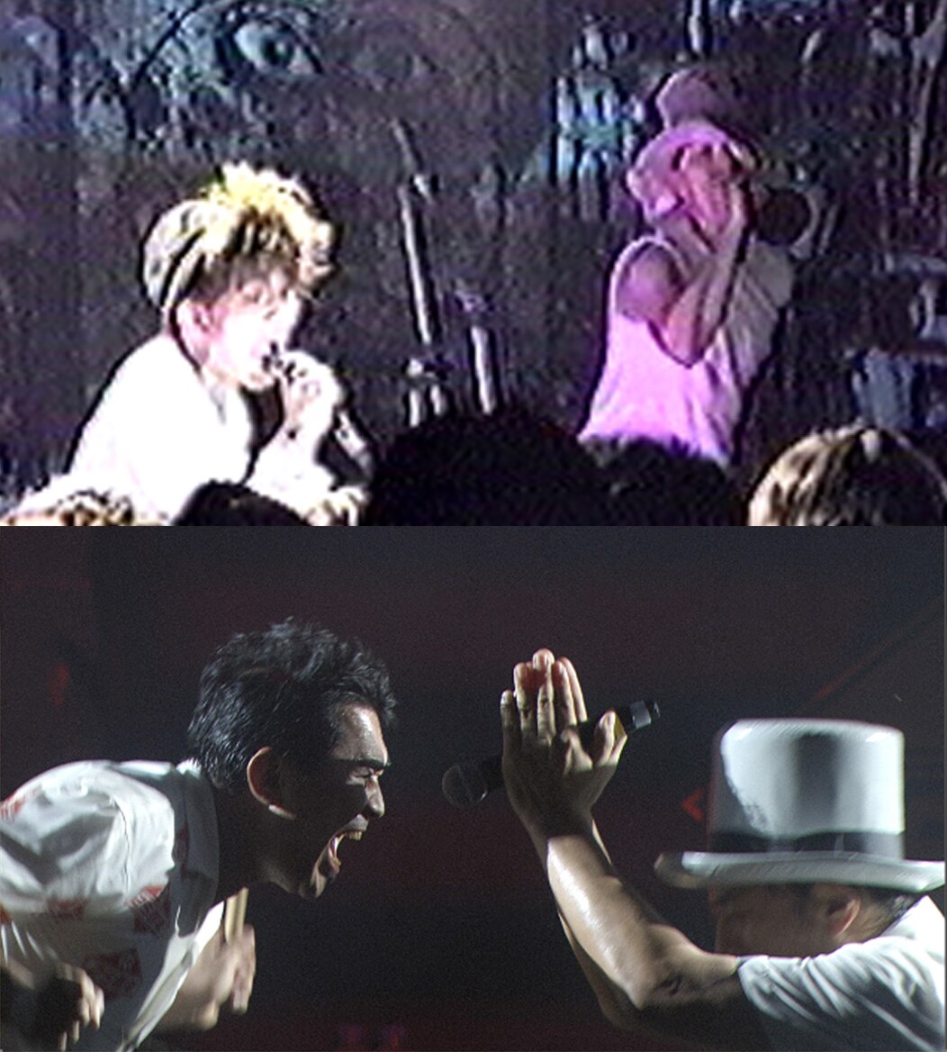 1989年8月20日の初ライブ（上）と、2014年7月25日のFUJI ROCK FESTIVAL '14でのライブ（下）。(c)2015 DENKI GROOVE THE MOVIE? PROJECT