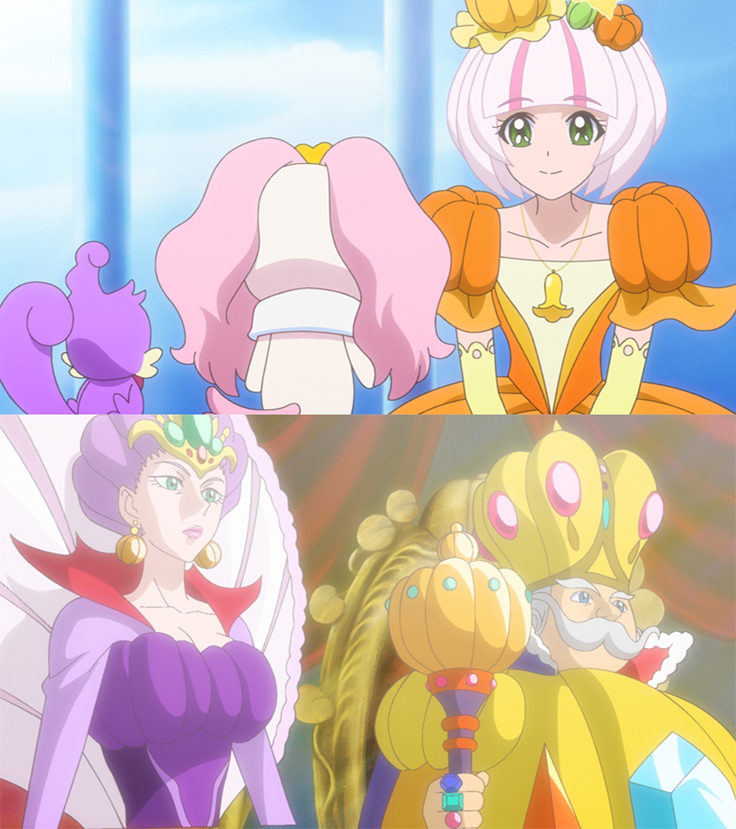 「パンプキン王国のたからもの」よりパンプルル姫（上）、王妃と王（下）。 (c)2015 映画Go！プリンセスプリキュア製作委員会