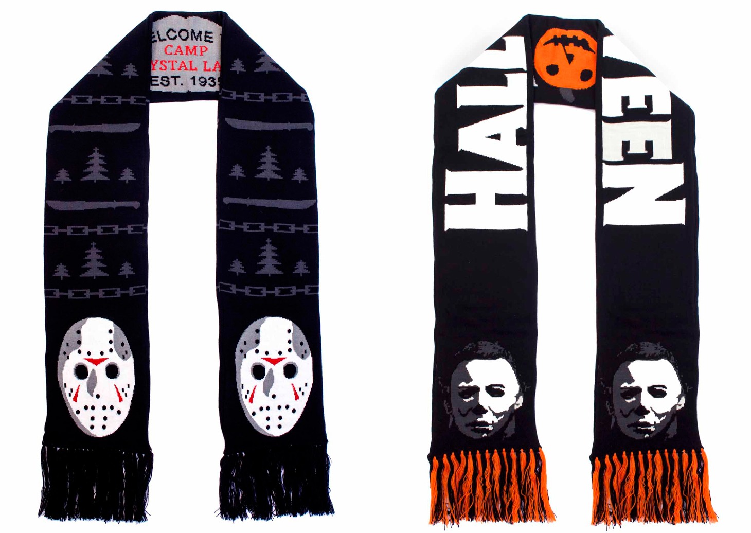 左より、Friday the 13th Scarf（40ドル）、Halloween Scarf（40ドル）。