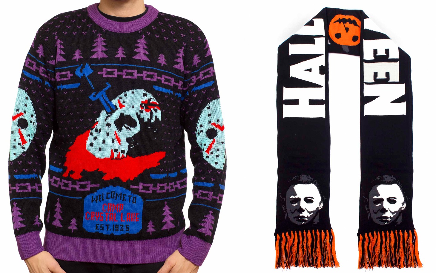 左より、Friday the 13th Knit Sweater（85ドル）、Halloween Scarf（40ドル）。