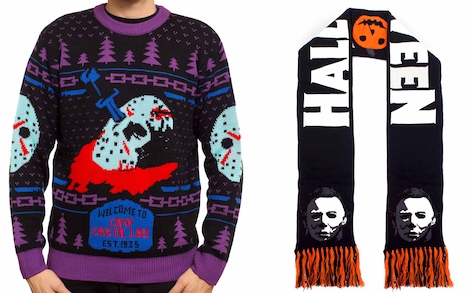 左より、Friday the 13th Knit Sweater(85ドル)、Halloween Scarf(40ドル)。