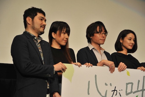 左から田中将賀、岡田麿里、長井龍雪、吉田羊。