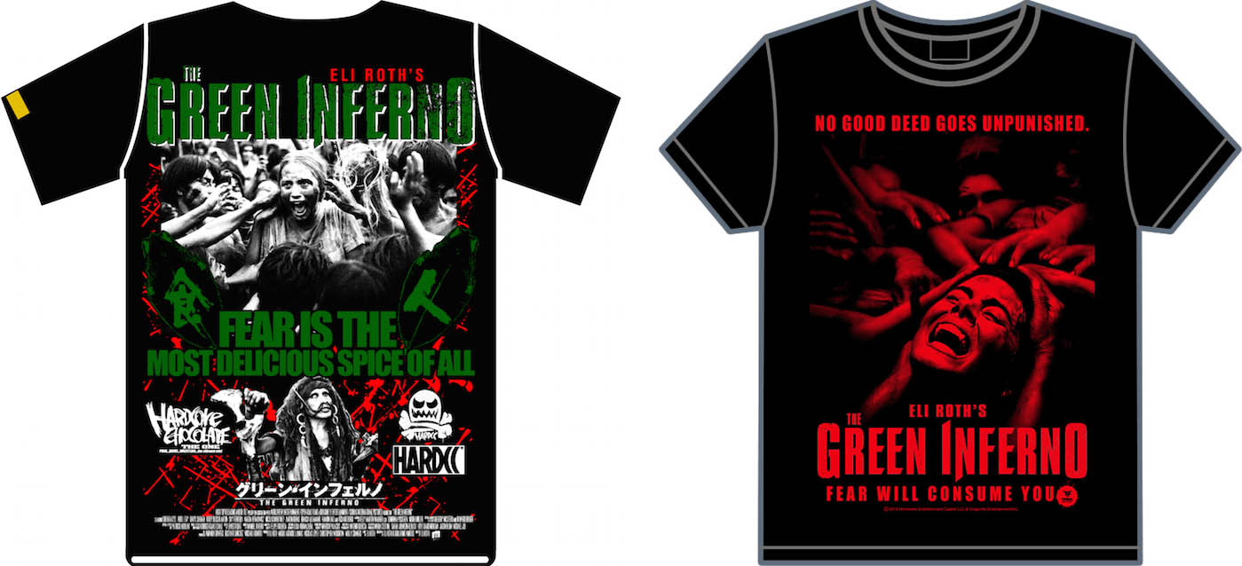 ハードコアチョコレート「グリーン・インフェルノ」Tシャツ裏面（左）、テロ・ファクトリー「グリーン・インフェルノ」Tシャツ表面（右）。