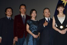 「ギャラクシー街道」公開初日舞台挨拶。左から石丸幹二、遠藤憲一、優香、西田敏行、綾瀬はるか。