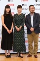 「残穢【ざんえ】ー住んではいけない部屋ー」記者会見の様子。左から橋本愛、竹内結子、中村義洋。