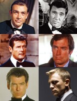 歴代ジェームズ・ボンド。上段左からショーン・コネリー、ジョージ・レーゼンビー。中段左からロジャー・ムーア、ティモシー・ダルトン。下の段左からピアース・ブロスナン、ダニエル・クレイグ。