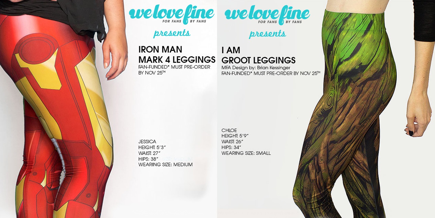 「We Love Leggings」左からアイアンマンデザイン、グルートデザイン。