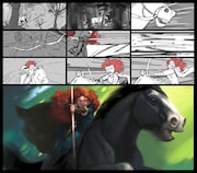 《カラースクリプト／スティーブ・ピルチャー　ストーリーボード：エマ・コーツ、ブライアン・ラーセン》｜カラースクリプト／ストーリーボード：メリダのオープニングシーン｜『メリダとおそろしの森』（2012年）｜デジタルペインティング｜(c)Disney/Pixar