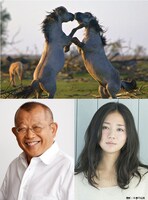 「シーズンズ 2万年の地球旅行」でナレーターを務める笑福亭鶴瓶（左下）、木村文乃（右下）。