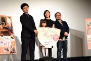 「はなちゃんのみそ汁」プレミア試写会の様子。左から滝藤賢一、赤松えみなちゃん、広末涼子、阿久根知昭。