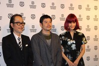 第45回ロッテルダム国際映画祭に出席したリリー・フランキー（左）、坪田義史（中央）、橋本愛（右）。
