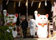 「世界から猫が消えたなら」ヒット祈願イベントより、本尊へ向かいお参りする佐藤健（左）と宮崎あおい（右）。