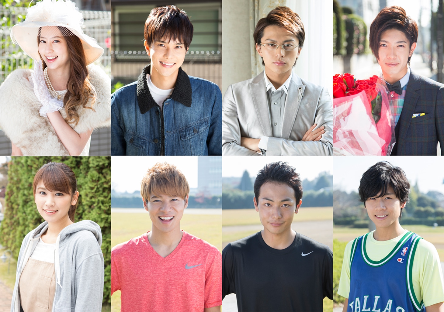 「白鳥麗子でございます！THE MOVIE」のメインキャスト。（上段左から）河北麻友子、水野勝、小林豊、田村侑久。（下段左から）久松郁実、辻本達規、田中俊介、吉原雅斗。