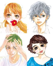 ジョージ朝倉による「溺れるナイフ」原作イラスト。左上から時計回りに望月夏芽、長谷川航一朗、松永カナ、大友勝利。