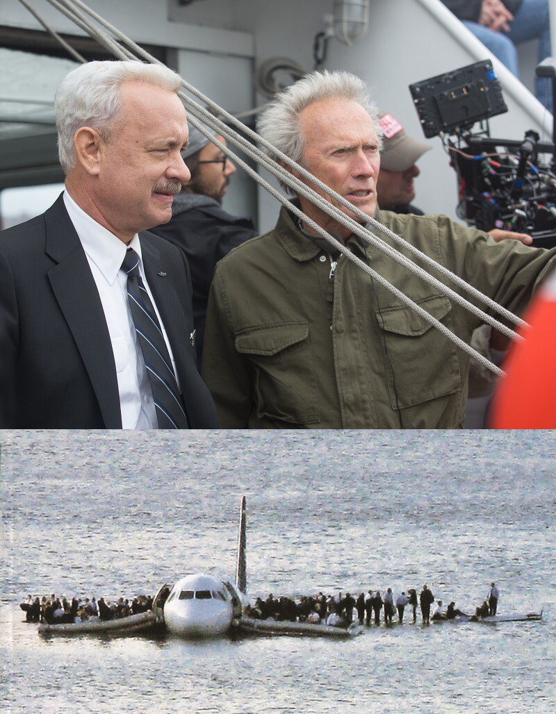 上段は「ハドソン川の奇跡」メイキングカット、下段は事故時に撮影された実際の写真。（「機長、究極の決断 『ハドソン川』の奇跡」発売中 / C.サレンバーガー著 静山社文庫刊）