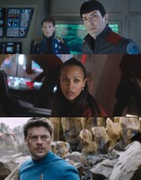「スター・トレック BEYOND」より、上からスポック、ウフーラ、ボーンズ。
