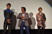 仮面ライダー生誕45周年記念＆「仮面ライダー1号」大ヒット御礼イベントの舞台挨拶の様子。