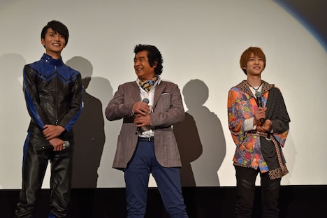 仮面ライダー生誕45周年記念＆「仮面ライダー1号」大ヒット御礼イベントの舞台挨拶の様子。