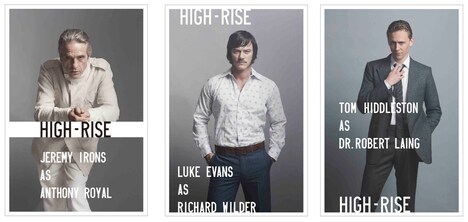「ハイ・ライズ」特製ポストカード。左から、ジェレミー・アイアンズ扮するアンソニー、ルーク・エヴァンス演じるワイルダー、トム・ヒドルストン扮する主人公ラング。