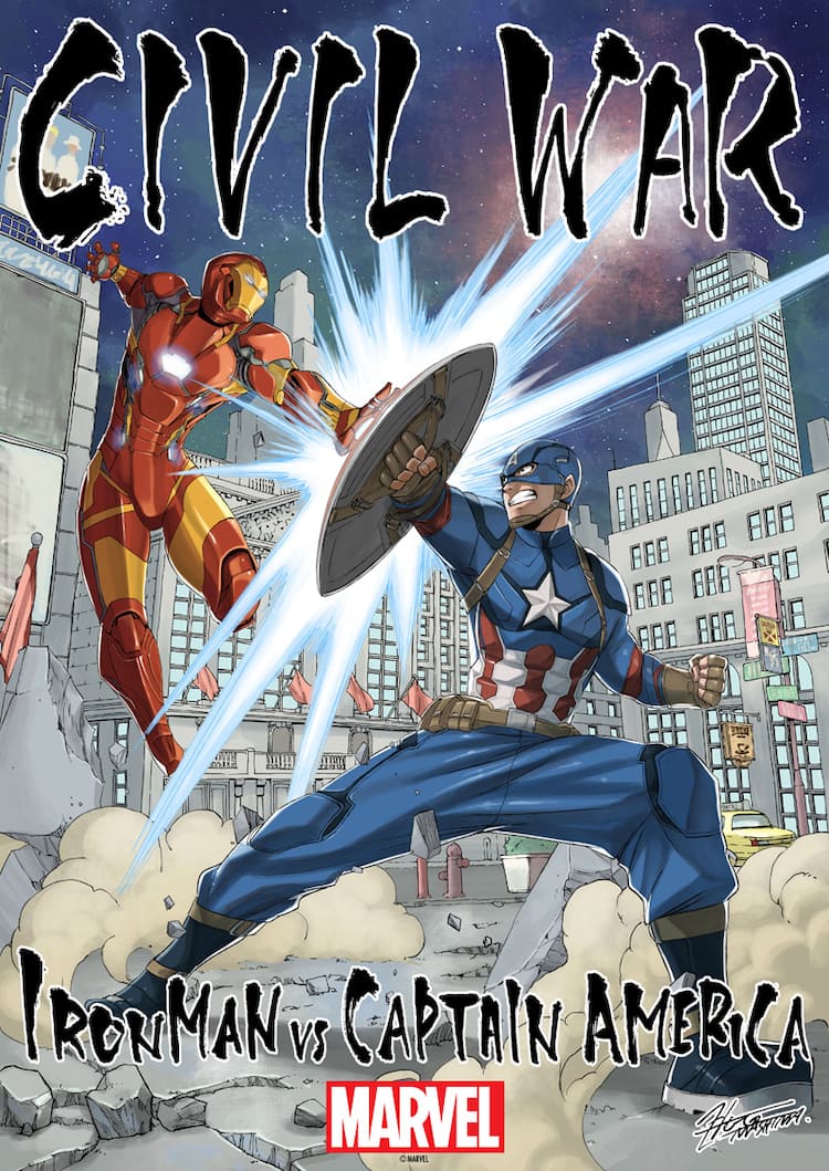 真島ヒロが シビル ウォー アイアンマンとキャップの対決イラストを描き下ろし 映画ナタリー