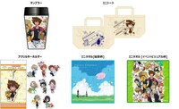 「デジモンアドベンチャー tri. ショップ in 池袋P'PARCO」限定アイテム。左から時計回りに「タンブラー」1404円、「ミニトート」各1296円、「ミニタオル」各864円、「アクリルキーホルダー」各1620円。
