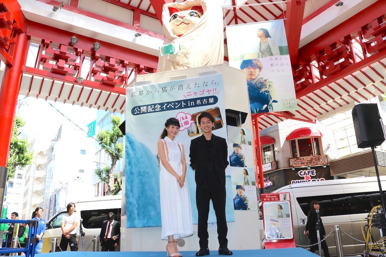 「世界から猫が消えたなら」劇中シーンを巨大招き猫で再現、佐藤健「工事中みたい」