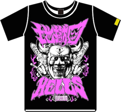 「TOO YOUNG TO DIE! 若くして死ぬ」地獄専属ロックバンド“地獄図（ヘルズ）”Tシャツ（ピンク）表面