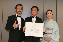第69回カンヌ国際映画祭にて、左から古舘寛治、深田晃司、筒井真理子。(c)Kazuko Wakayama