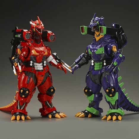 左からエヴァ弐号機イメージカラーの3式機龍（メカゴジラ）、エヴァ初号機イメージカラーの3式機龍。