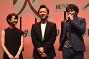 「火花」完成披露試写会の様子。