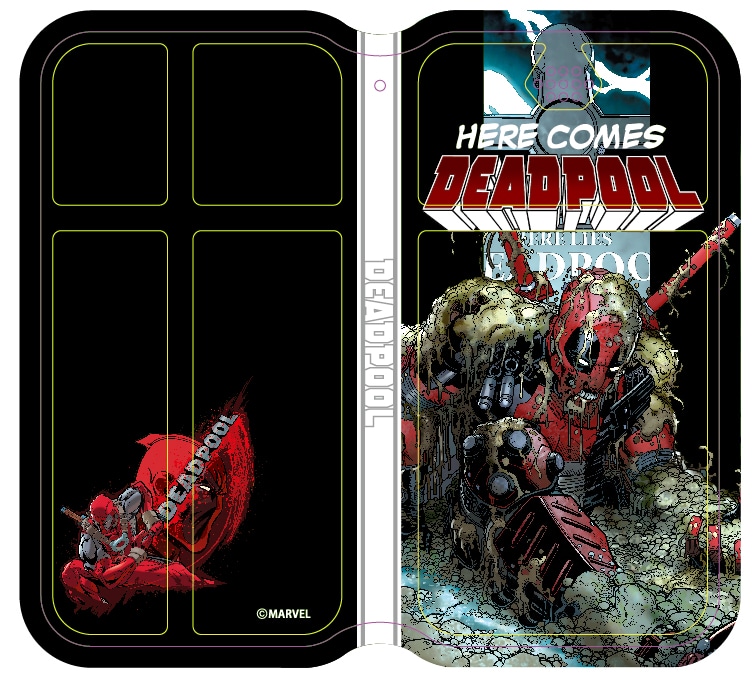 デッドプール「フリップ ユニバーサルカバー」の1種。（アンドロイド用M、iPhone用 2916円 / アンドロイド用L 3024円） (c)MARVEL