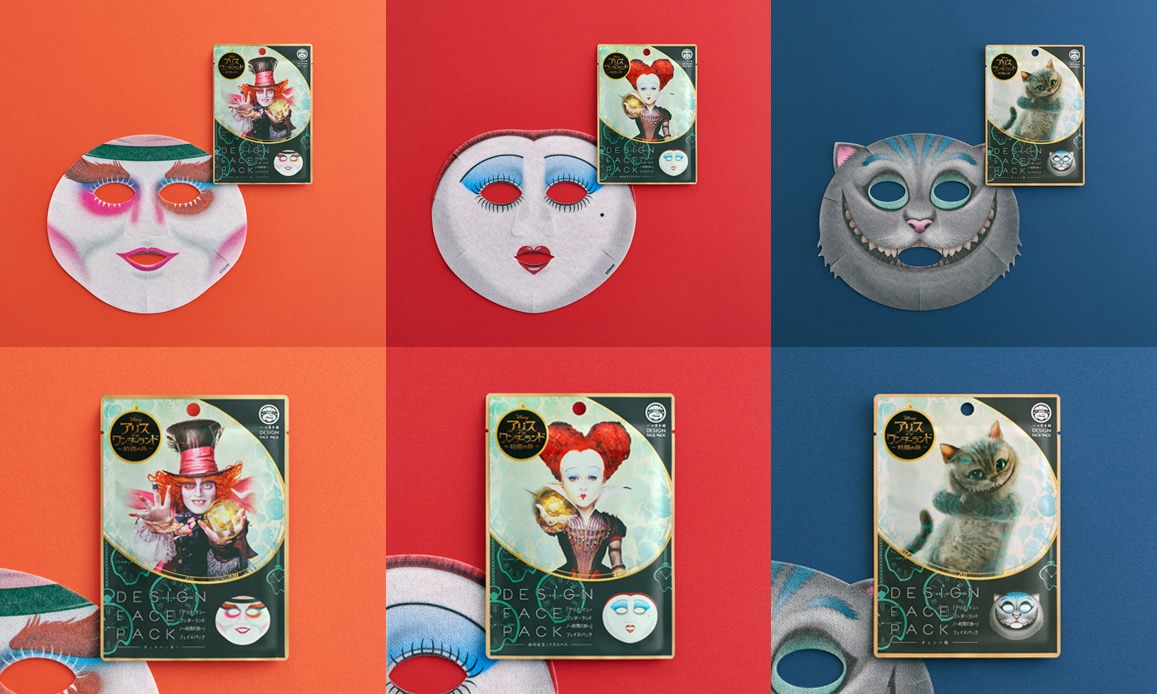 「アリス・イン・ワンダーランド／時間の旅」フェイスパック。左からマッドハッター、赤の女王、チェシャ猫。