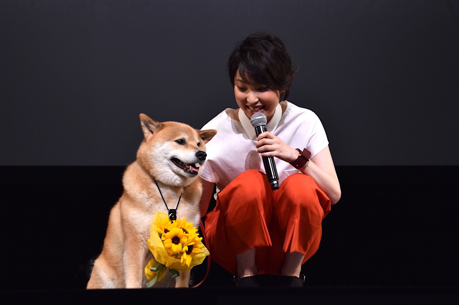 「ペット」イベントの様子。左から柴犬まる、家入レオ。