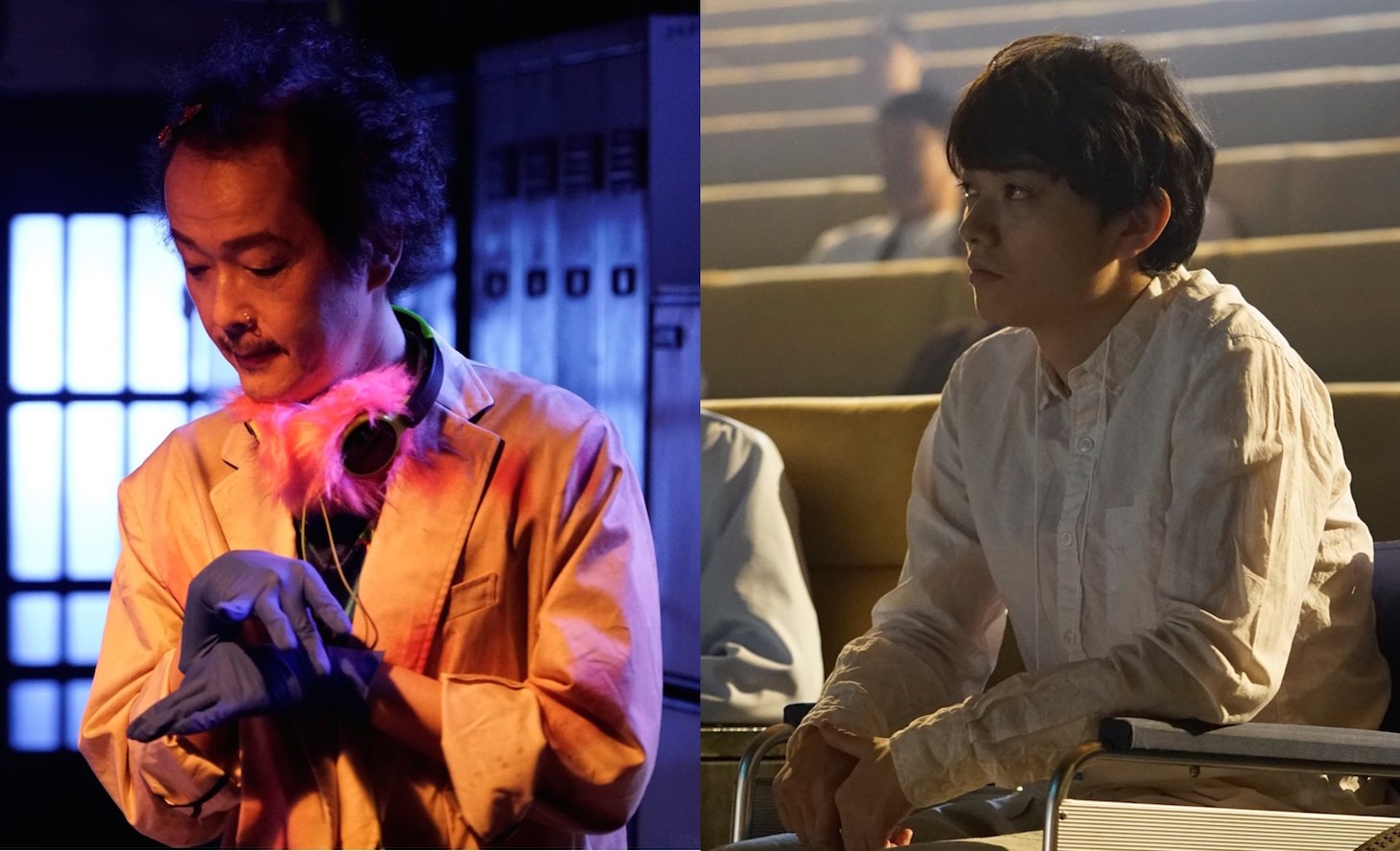 「CROW'S BLOOD」より、リリー・フランキー演じる葬儀屋（左）、染谷将太演じる車椅子の男（右）。
