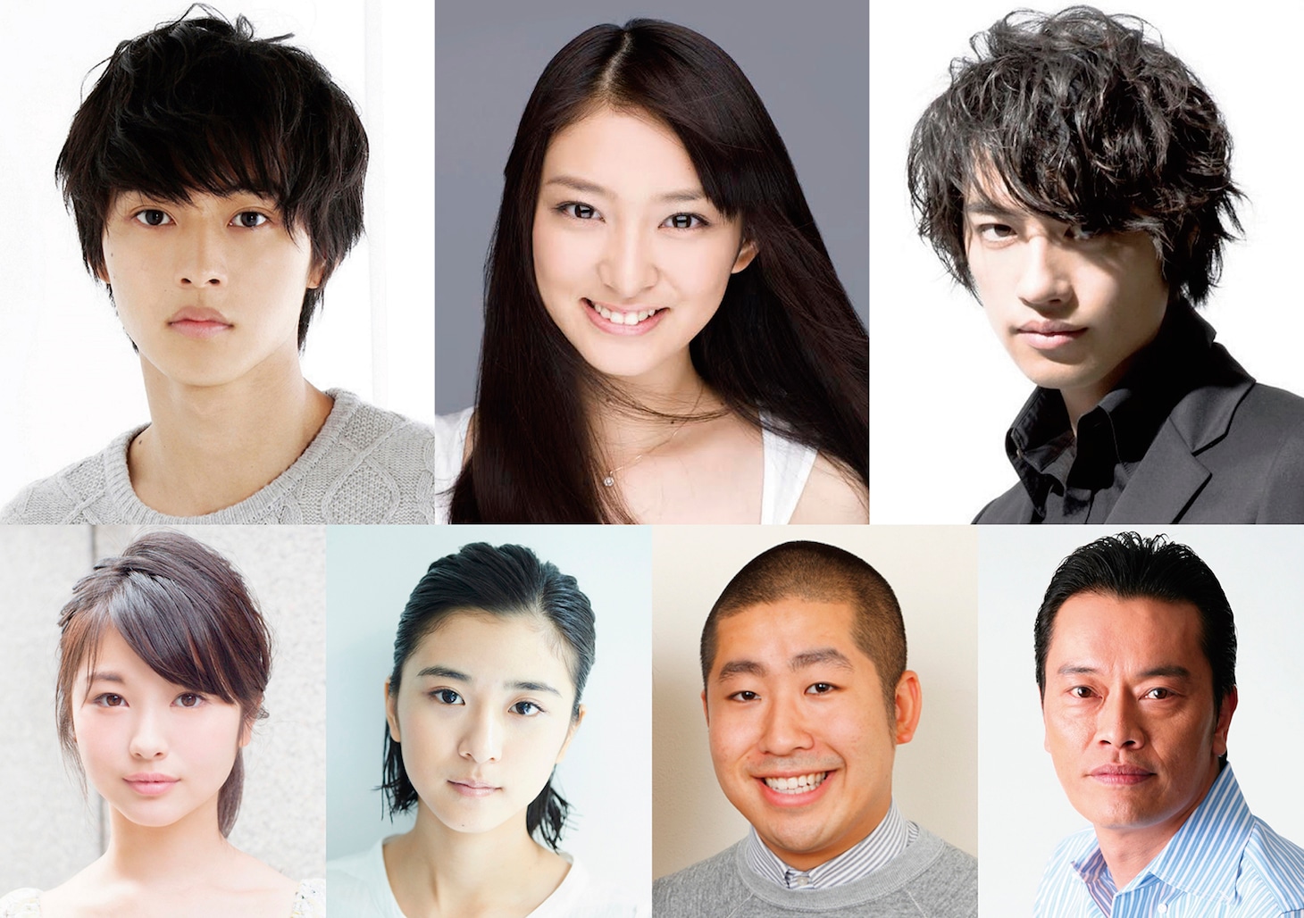 実写パートに出演する面々。上段左から山崎賢人、武井咲、斎藤工。下段左から浜辺美波、黒島結菜、澤部佑（ハライチ）、遠藤憲一。