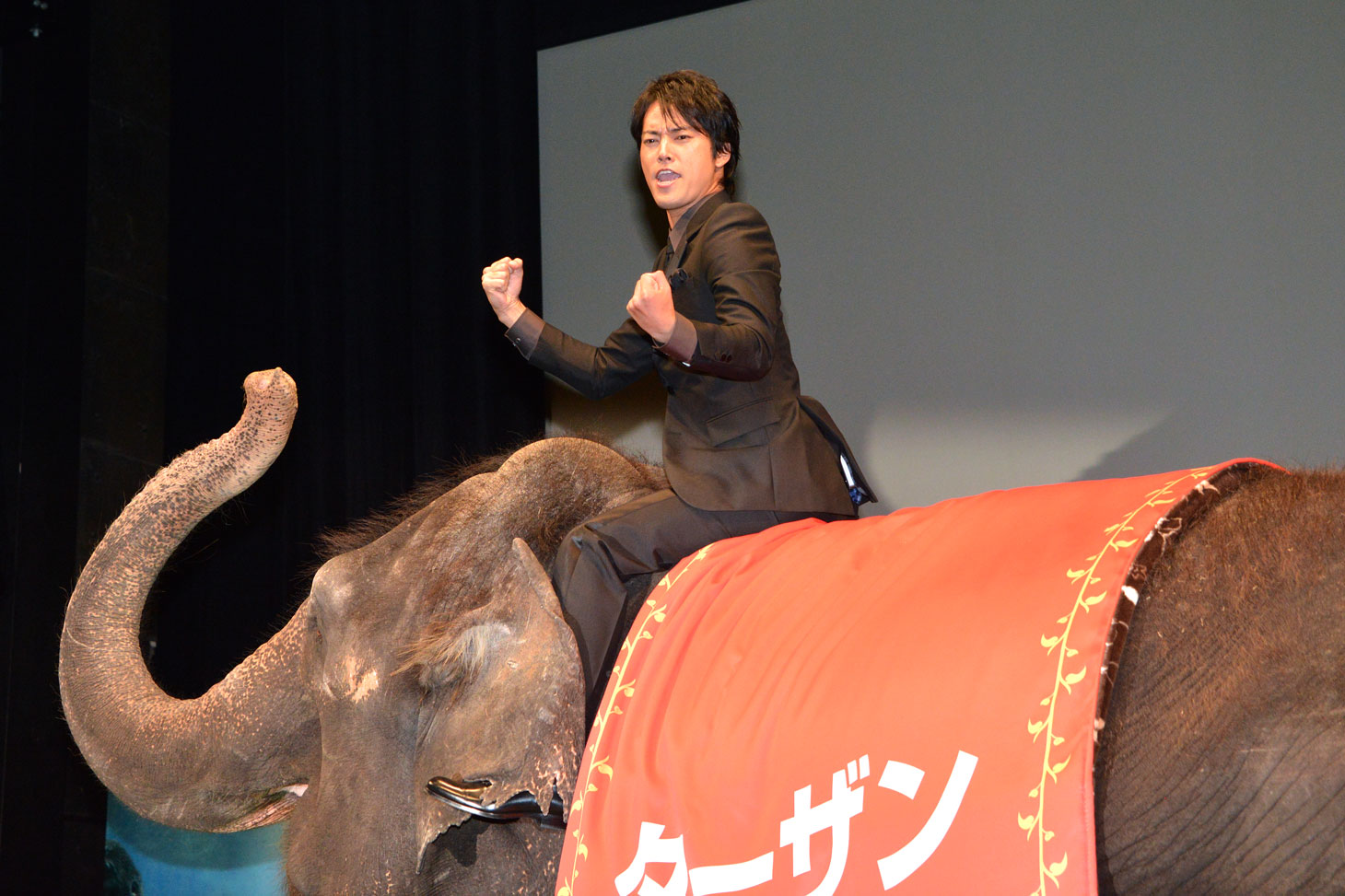 「ターザン：REBORN」ジャパンプレミアにて、ゾウのランディとともに登場した桐谷健太。