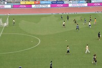 フィールドに作られたゴジラの足跡の芝生アート。