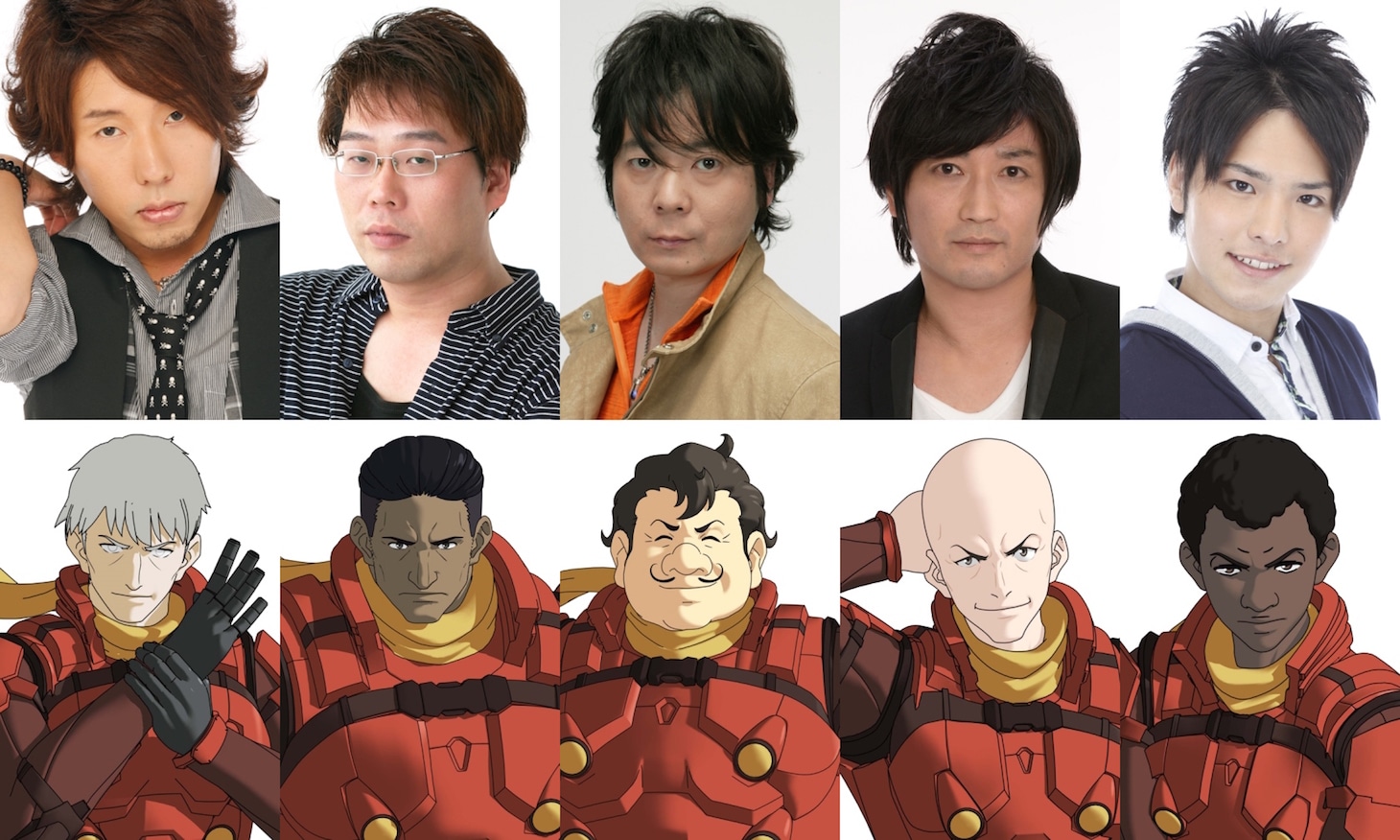 左から004 / アルベルト・ハインリヒ役の日野聡、005 / ジェロニモ・ジュニア役の乃村健次、006 / 張々湖役の真殿光昭、007 / グレート・ブリテン役の佐藤せつじ、008 / ピュンマ役の石谷春貴。