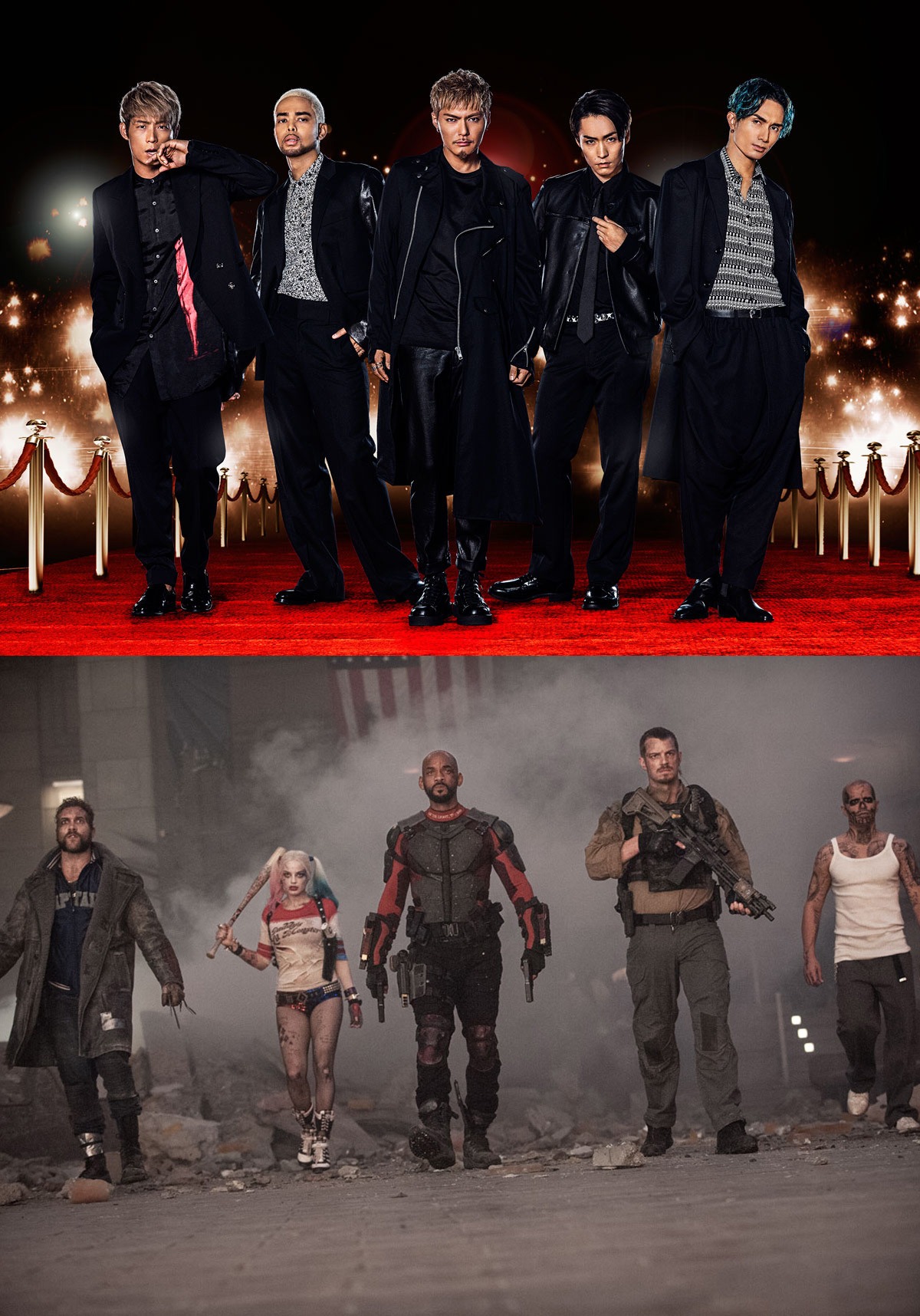 「スーサイド・スクワッド」の「日本版イメージソングを担当するEXILE THE SECOND（上）、場面写真（下）。