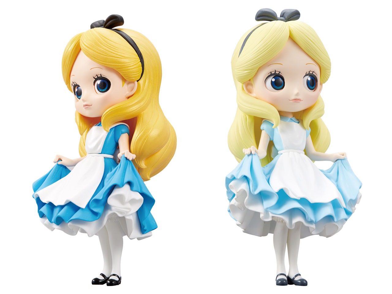 「Q posket Disney Characters -Alice-」のノーマル（左）とパステルカラーver.（右）。