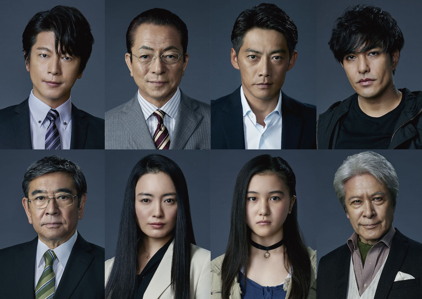 「相棒-劇場版IV-首都クライシス 人質は50万人！特命係 最後の決断」キャスト。上段左から及川光博、水谷豊、反町隆史、北村一輝。下段左から石坂浩二、仲間由紀恵、山口まゆ、鹿賀丈史。