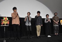 「デジモンアドベンチャー tri. 第3章『告白』」初日舞台挨拶の様子。左から櫻井孝宏、田村睦心、榎木淳弥、松本美和、監督の元永慶太郎。