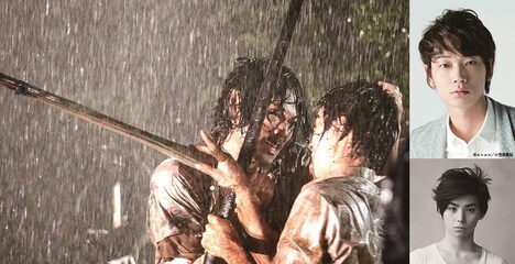 「武曲 MUKOKU」（左）、綾野剛（右上）、村上虹郎（右下）。