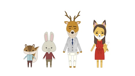 左からアキラ先輩、ロペ、澄田真吾、小川圭子。(c)紙兎ロペプロジェクト2016／フジテレビジョン