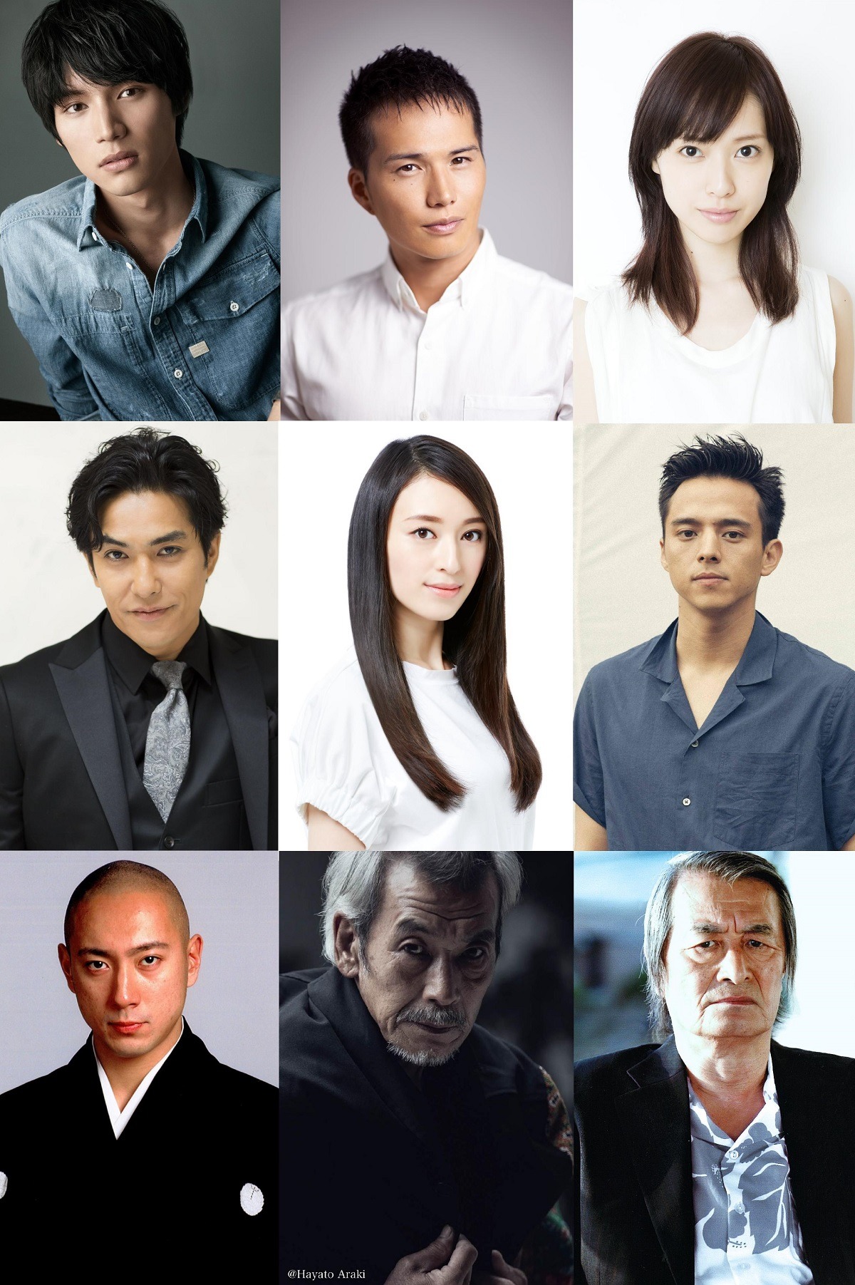「無限の住人」出演者。上段左から福士蒼汰、市原隼人、戸田恵梨香。中段左から北村一輝、栗山千明、満島真之介。下段左から市川海老蔵、田中泯、山崎努。