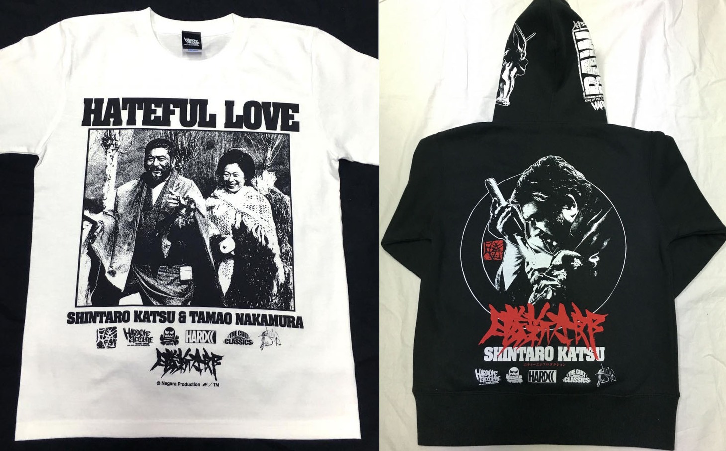 左から「勝新太郎＆中村玉緒 -HATEFUL LOVE（憎いほどに愛してる）Tシャツ」、「勝新太郎 -KATSU×SHINTA×RAW 2016 ZIPパーカ」。