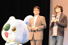 左からコアラニャン、監督のウシロシンジ、横井健司。