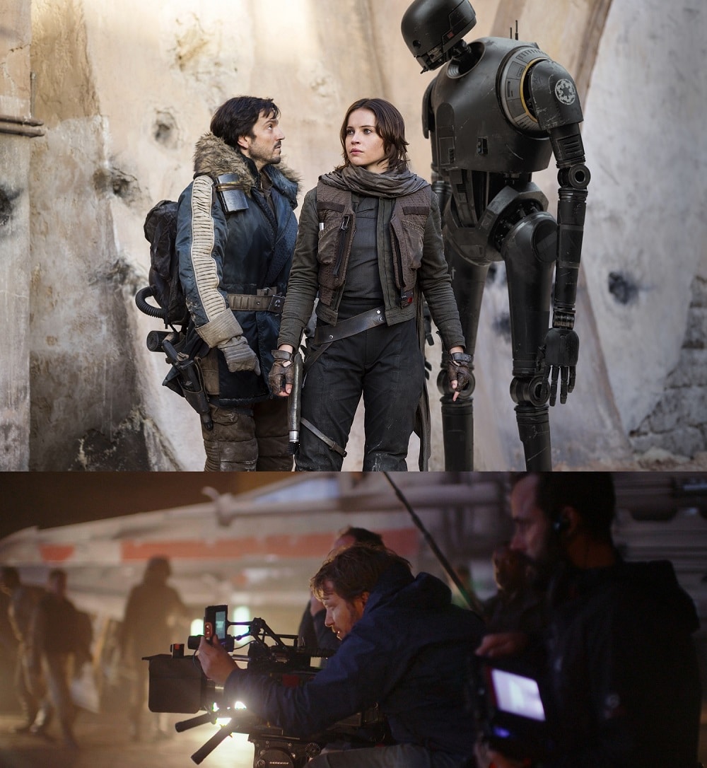 「ローグ・ワン／スター・ウォーズ・ストーリー」（上）、「ローグ・ワン／スター・ウォーズ・ストーリー」撮影現場の様子（下）。