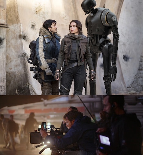 「ローグ・ワン／スター・ウォーズ・ストーリー」（上）、「ローグ・ワン／スター・ウォーズ・ストーリー」撮影現場の様子（下）。