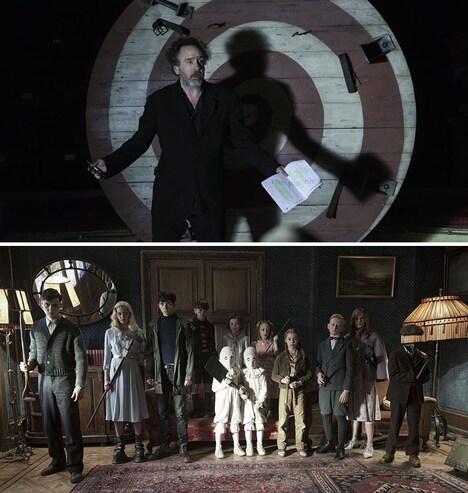 ティム・バートン(上)、「ミス・ペレグリンと奇妙なこどもたち」(下)。